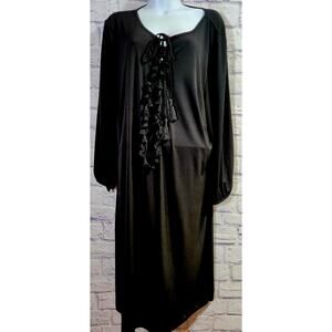 Kate & Mallory Black Pull On Shift Midi Dress 2X Plus Tassles On Bodice Flowy